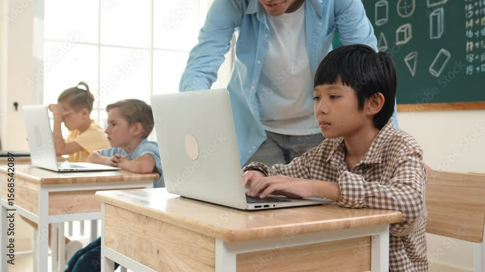 Poster caucasian teacher helping asian student coding engineering prompt while diverse student using softwa