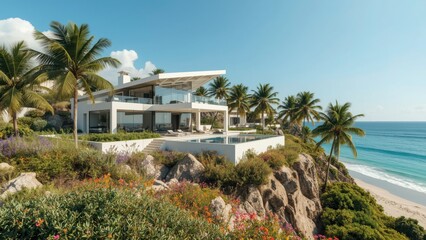 Fototapeta premium Modern hillside villa with ocean view and pool on tropical island on a sunny day, lush gardens.