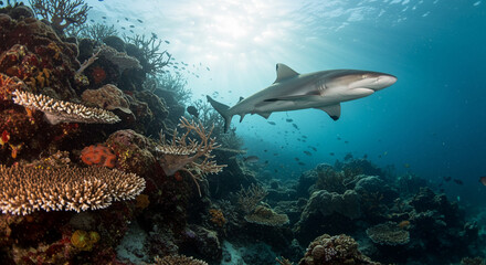 Fototapeta premium Sunlight illuminates a majestic shark navigating through a diverse and thriving marine ecosystem.
