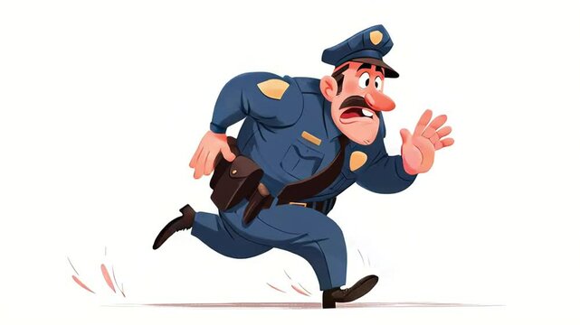 Cartoon illustration of a surprised police officer running in uniform with exaggerated expression and motion lines. Concept of law enforcement, urgency and comic action
