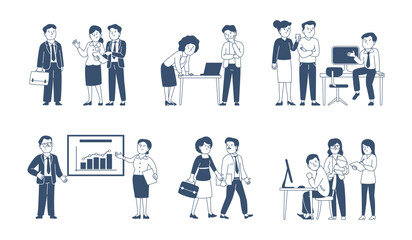 Fototapeta premium Business communication scenes. Office people working together, with papers, documents and computer. Corporate meeting, linear workers recent vector characters