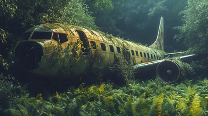 Abandoned airplane reclaimed by nature amidst lush green foliage of a dense forest