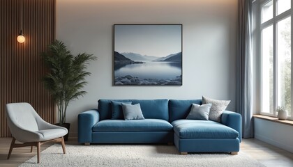 Modern living room features plush blue sectional sofa, grey armchair. Large framed artwork of serene winter landscape hangs above sofa. Natural light streams through large window, illuminating potted