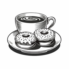 Donuts and coffee on morning breakfast table Image Vector Isolated on white Background.