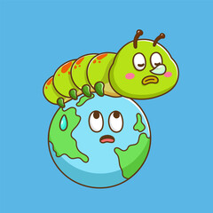 illustration of cute cartoon caterpillar with earth globe
