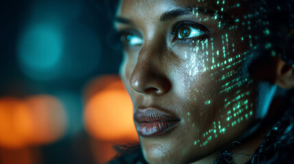 Cyberpunk female director with glowing cybernetic eye, surrounded by lime green binary code, operating floating storyboards in futuristic film site with blue and orange lighting