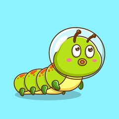 illustration of cute cartoon caterpillar use helmet