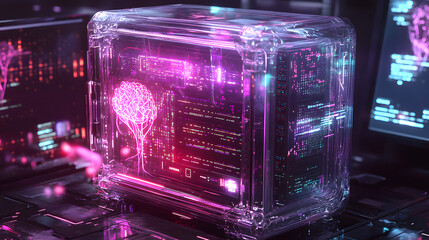 Futuristic glowing transparent computer with artificial intelligence brain visualization and data processing