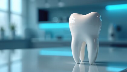 Close-up of healthy tooth model in modern dental clinic setting. Features bright, clean environment with soft blue lighting, emphasizing oral health awareness, dental care education. Focuses on