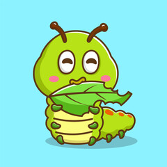 illustration of cute cartoon caterpillar eating leaf
