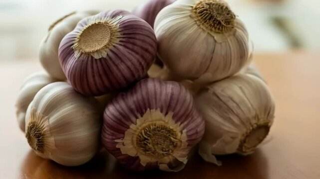 Close-up of fresh garlic bulbs displayed on a wooden surface ideal for cooking and culinary use in kitchen settings