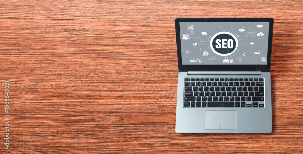Poster seo search engine optimization for modish e-commerce and online retail business showing on computer 