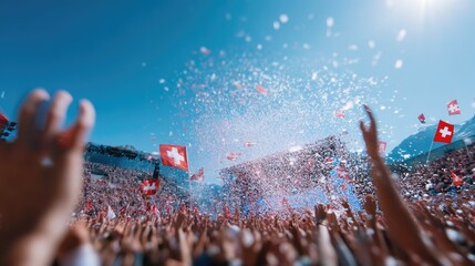 Switzerland confederation celebration: august first, independence Helvetic, tradition patriotic, ceremony joyful, citizen gathering, festival commemoration, red cross, white emblem, banner festivity