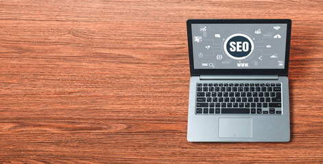 SEO search engine optimization for modish e-commerce and online retail business showing on computer...
