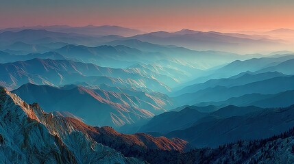 Fototapeta premium A mountain range viewed from the peak as the sun rises above it