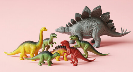 Obraz premium Collection of colorful plastic dinosaur toys on pink background, showcasing playful and imaginative concept, ideal for children's room decor or educational materials