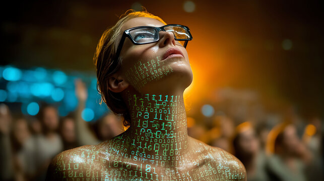 Cyberpunk female director with glowing cybernetic eye, lime green binary code projected on her, operating floating storyboards in dark futuristic film site with blue and orange lighting