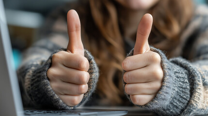 Close-up of a businesswoman's hands giving a thumbs up gesture next to a computer screen showing an investment agreement. Satisfaction and approval for profit
