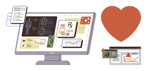 Computer screen showing health records, diagnostics, DNA strand, graphs, and medication chart. Large heart and alert screens suggest data monitoring. Ideal for health, technology, analytics