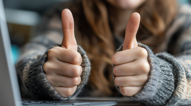 Close-up of a businesswoman's hands giving a thumbs up gesture next to a computer screen showing an investment agreement. Satisfaction and approval for profit - Powered by Adobe