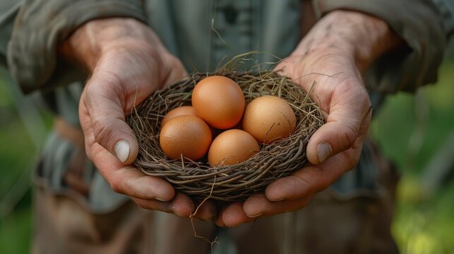 Nest of brown eggs held in weathered hands. Delicate, rural, and precious