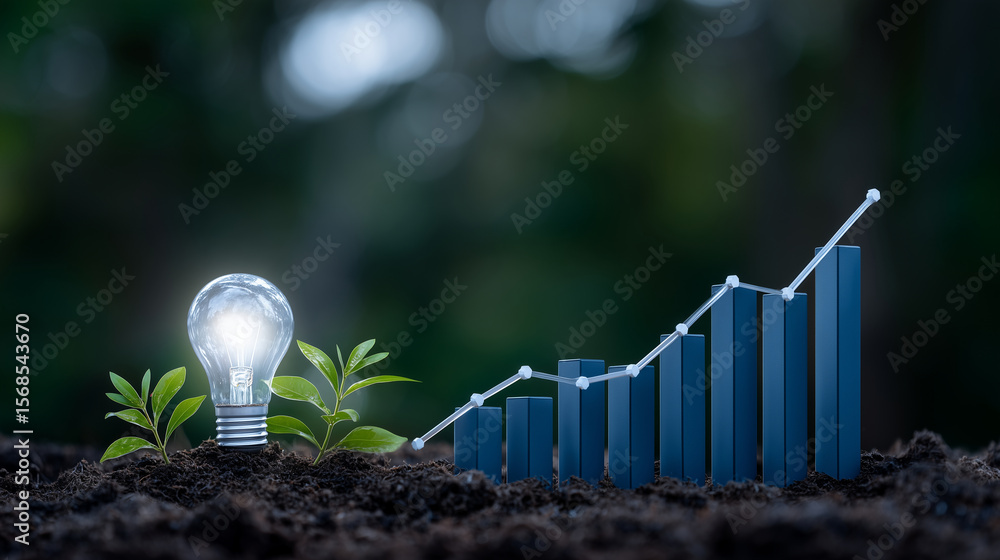 Poster a light bulb embedded in forest soil glows with clean energy, casting light on a bar chart of rising