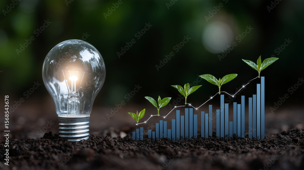 Poster a light bulb embedded in forest soil glows with clean energy, casting light on a bar chart of rising