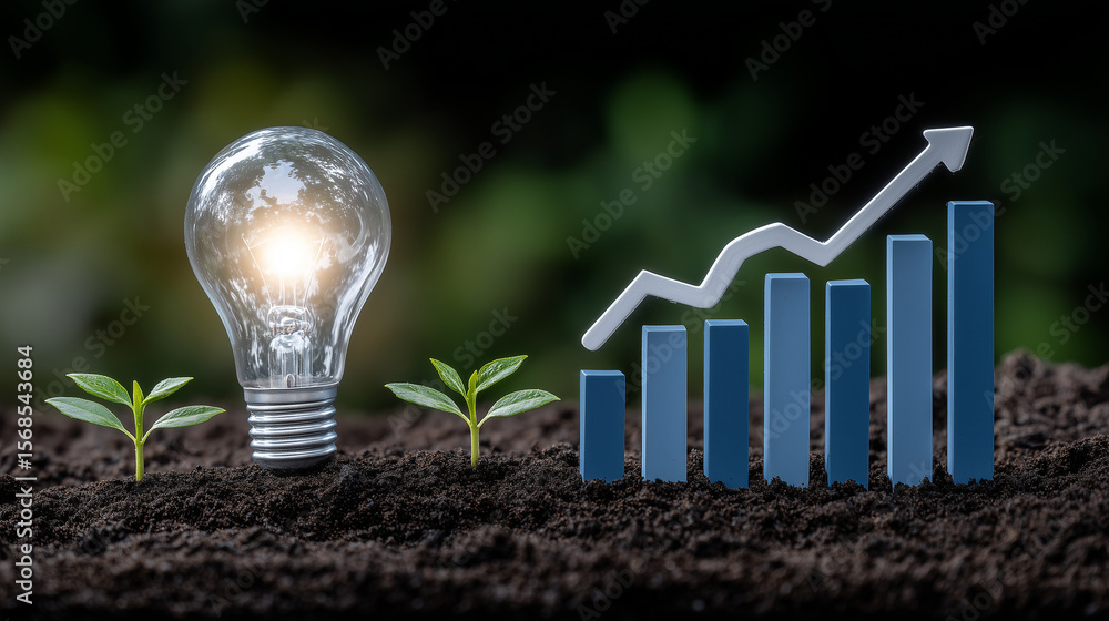 Poster a light bulb embedded in forest soil glows with clean energy, casting light on a bar chart of rising