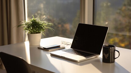 A laptop on a desk in a bright and modern workspace