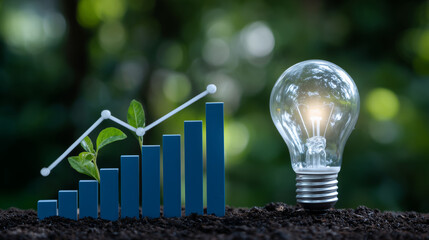 A clear LED bulb floats in front of a forest background, illuminating a conceptual graph where each bar is a growing seedling