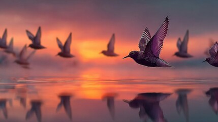   A flock of birds soaring above a water body at dusk, with scattered clouds in the backdrop