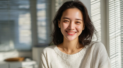 Indoor portrait of cheerful Asian woman with radiant smile and straight black hair cascading over her shoulders, sunlight streaming through window blinds, minimalistic workspace be