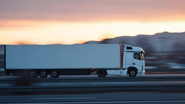 White cargo truck driving fast on highway at sunset with motion blur background. Concept of logistics, freight transportation and supply chain efficiency
