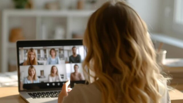 Woman raising hand during video conference call on laptop, engaging with colleagues remotely. Concept of virtual meeting, online communication and remote work collaboration
