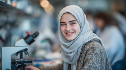 Focused yet happy Muslim student adjusts a microscope lens with care, her desk filled with test tubes and science books, hijab neatly draped over her shoulders, glowing with curios