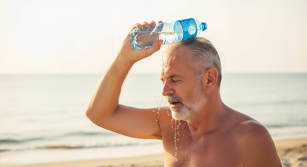 Man pouring water on his face at the beach.