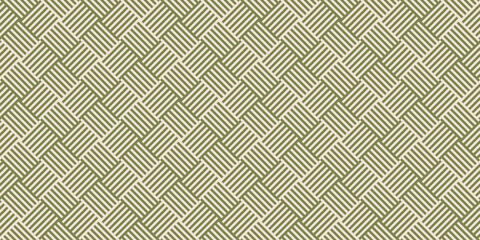 Wicker surface texture. Green and beige vector geometric seamless pattern. Geo background with stripes, lines, squares. Simple abstract geometrical ornament. Repeated design for decor, print, fabric
