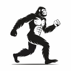 Black and white Bigfoot Running Vector Illustration isolated on white background.