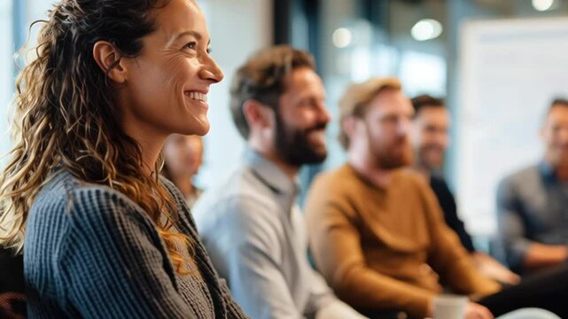 Smiling woman attentively listening during a seminar with colleagues in a modern office setting. Concept of corporate training, team engagement and professional development
