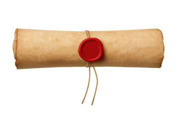 Vintage parchment scroll bound with twine, sealed by crimson wax, symbolizing historical legal documentation against transparent backdrop