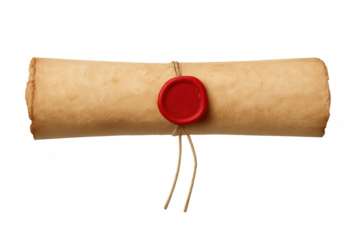 Vintage parchment scroll bound with twine, sealed by crimson wax, symbolizing historical legal documentation against transparent backdrop