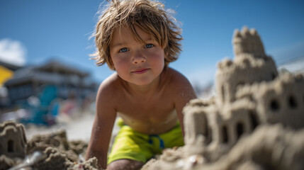 Young boy with tousled hair leans over intricate sandcastle walls, neon green shorts bright against beige sand, seashells placed carefully as decoration joy and imagination on the