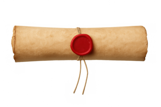 Vintage parchment scroll bound with twine, sealed by crimson wax, symbolizing historical legal documentation against transparent backdrop