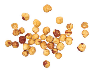 Whole peeled hazelnuts isolated on white background, top view