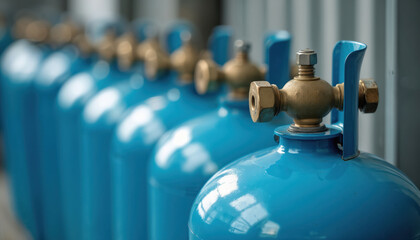 Lineup of bright blue compressed gas cylinders, industrial, medical gases. Focus on brass valves, regulators. Oxygen, nitrogen, argon, CO2 for welding, healthcare, laboratory applications. High