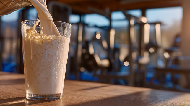 Vanilla whey shake poured from stainless steel shaker, splash effect visible as it hits the base of the glass, minimalist setting with shadowed gym equipment behind