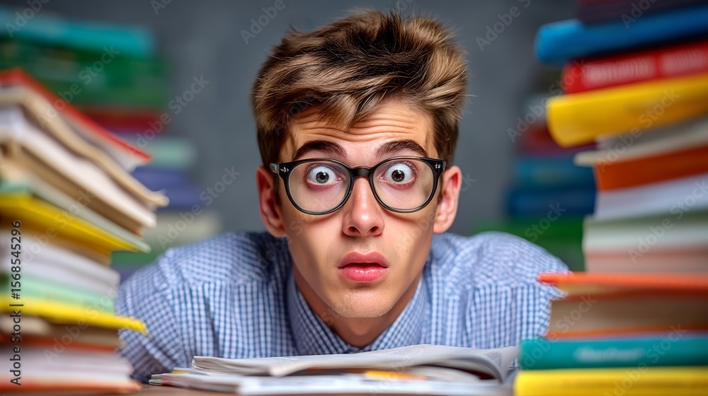Poster young man wearing glasses is looking at the camera with a surprised expression. he is surrounded by 