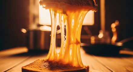 Melting grilled cheese sandwich showing cheesy texture in a rustic kitchen setting