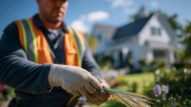 Close-up of skilled worker&acirc;s hands splicing glowing fiber optic cables outdoors, residential homes in soft focus behind, vibrant cables illuminated by sunlight