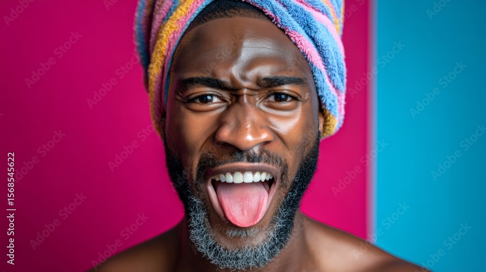 Poster man with a towel wrapped around his head and a tongue sticking out. the man is smiling and he is in 